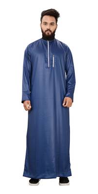 Blue Plain Polyester Mens Galabiyya Thobe 1