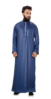 Blue Plain Polyester Mens Galabiyya Thobe 4