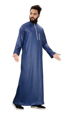 Blue Plain Polyester Mens Galabiyya Thobe 5