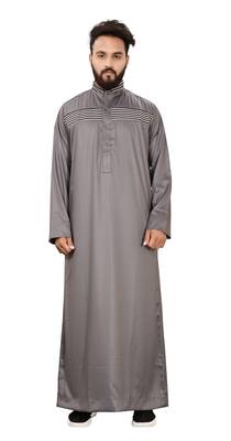 Grey Plain Polyester Mens Galabiyya Thobe 1