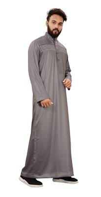 Grey Plain Polyester Mens Galabiyya Thobe 4