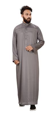 Grey Plain Polyester Mens Galabiyya Thobe 5