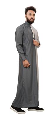Grey Plain Cotton Mens Galabiyya Thobe 3