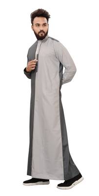 Grey Plain Cotton Mens Galabiyya Thobe 4