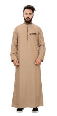 Beige Plain Cotton Mens Galabiyya Thobe 1