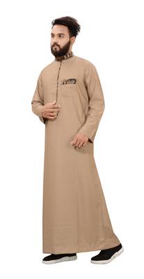 Beige Plain Cotton Mens Galabiyya Thobe 3