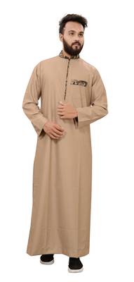 Beige Plain Cotton Mens Galabiyya Thobe 4