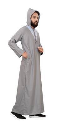 Grey Plain Cotton Mens Galabiyya Thobe 3
