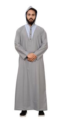 Grey Plain Cotton Mens Galabiyya Thobe 4