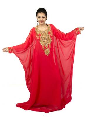 Red embroidered georgette islamic kaftan 1