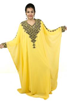 Yellow embroidered georgette islamic kaftan