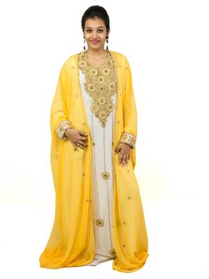 Yellow Off White embroidered georgette islamic kaftan 1