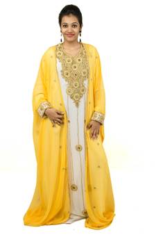 Yellow Off White embroidered georgette islamic kaftan