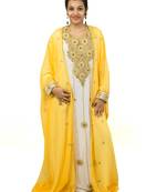 Yellow Off White embroidered georgette islamic kaftan