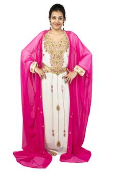 Pink and Off White embroidered georgette islamic kaftan