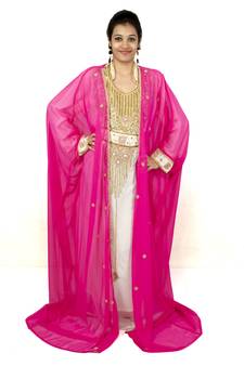 Pink and off white embroidered georgette islamic kaftan