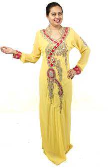 Yellow embroidered georgette islamic kaftan
