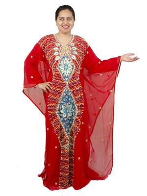 Red embroidered georgette islamic kaftan 1
