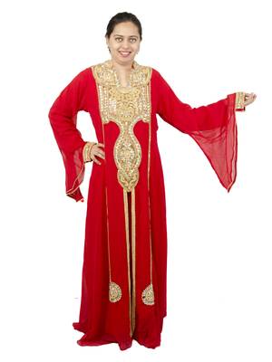 Red embroidered georgette islamic kaftan 1