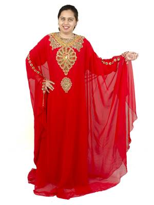 Red embroidered georgette islamic kaftan 1