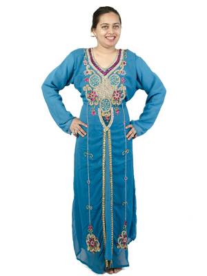 Turquoise  embroidered georgette islamic kaftan 1