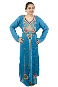 Turquoise  embroidered georgette islamic kaftan