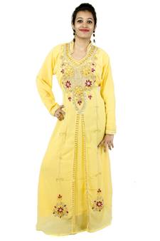 Yellow embroidered georgette islamic kaftan