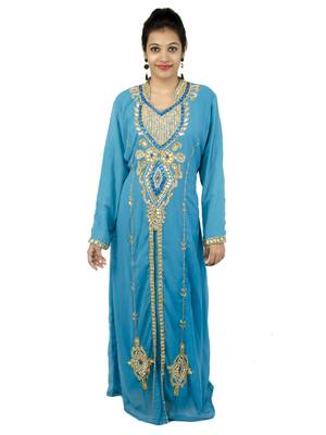 Turquoise  embroidered georgette islamic kaftan 1
