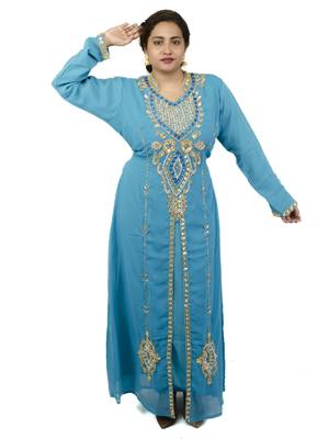 Turquoise  embroidered georgette islamic kaftan 1