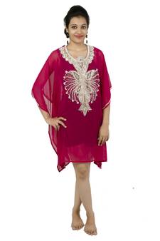 Magenta embroidered georgette islamic kaftan