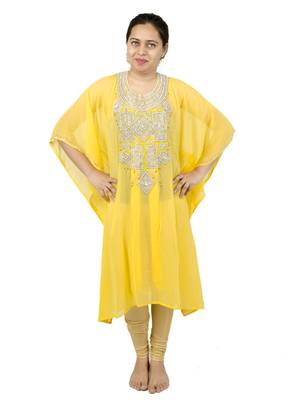 Yellow embroidered georgette islamic kaftan 1