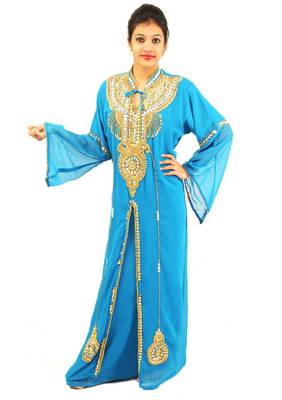 Turquoise  embroidered georgette islamic kaftan 1