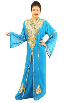 Turquoise  embroidered georgette islamic kaftan