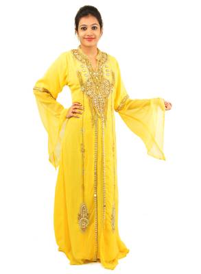 Yellow embroidered georgette islamic kaftan 1