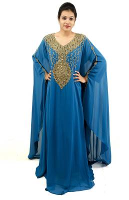 Turquoise  embroidered georgette islamic kaftan 1