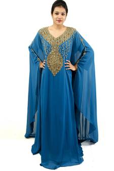 Turquoise  embroidered georgette islamic kaftan