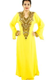 Yellow embroidered georgette islamic kaftan