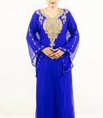 Royal blue embroidered georgette islamic kaftan