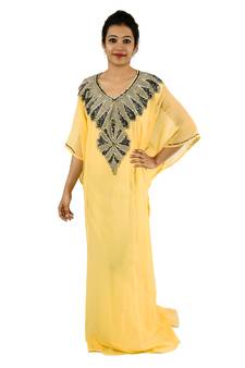 Yellow embroidered georgette islamic kaftan