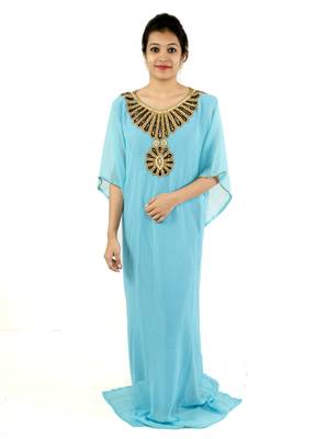 Turquoise  embroidered georgette islamic kaftan 1