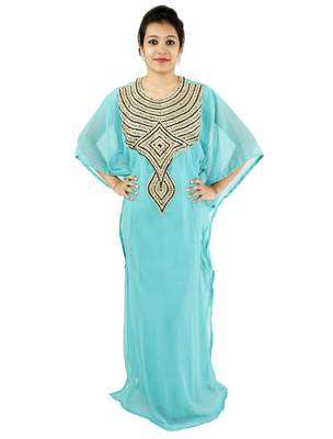 Turquoise  embroidered georgette islamic kaftan 1