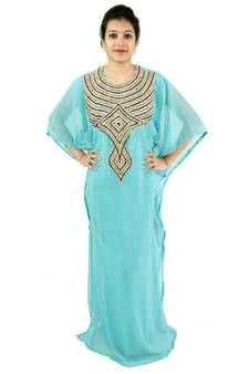 Turquoise  embroidered georgette islamic kaftan