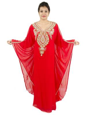 Red embroidered georgette islamic kaftan 1