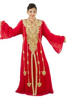Red embroidered georgette islamic kaftan