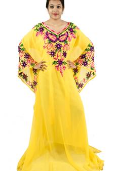 Yellow embroidered georgette islamic kaftan