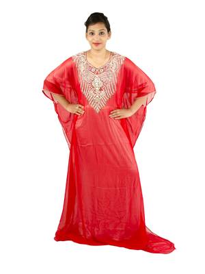 Red embroidered georgette islamic kaftan 1