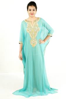 Turquoise  embroidered georgette islamic kaftan
