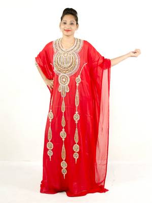Red embroidered georgette islamic kaftan 1