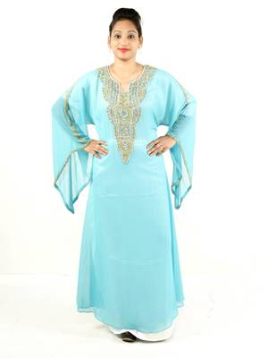 Turquoise  embroidered georgette islamic kaftan 1