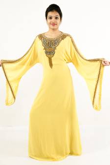 Yellow embroidered georgette islamic kaftan